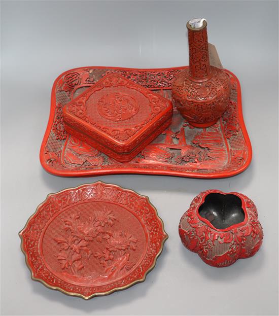 A Chinese cinnabar lacquer vase, a box and cover and a dish and other items Largest length 37cm